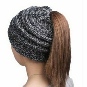 Black + White Splice Mix - PonyTail Knit Beanie